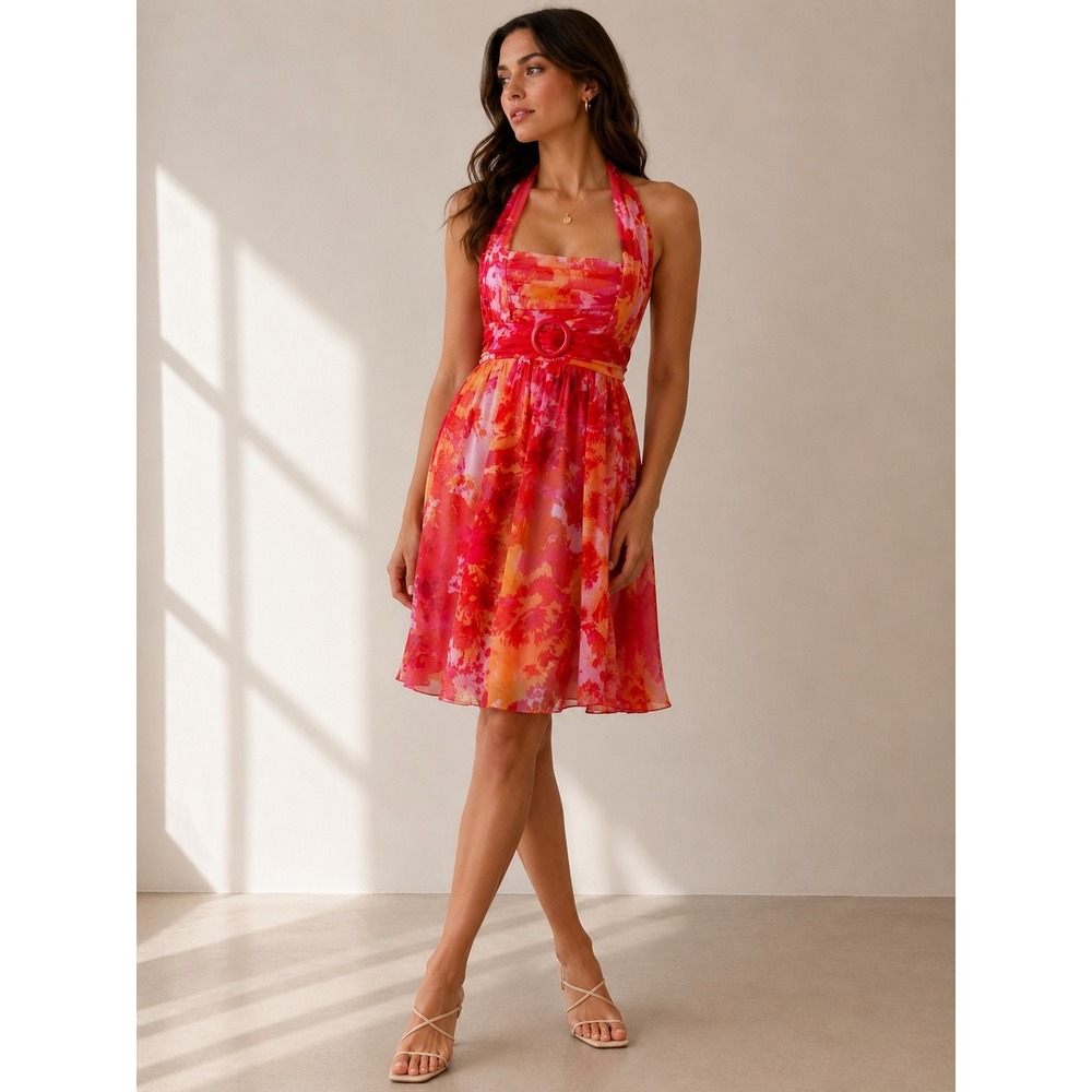 Vintage Y2K City Triangles Halter Dress Womens M‎ Pink Orange Floral Mesh O-Ring